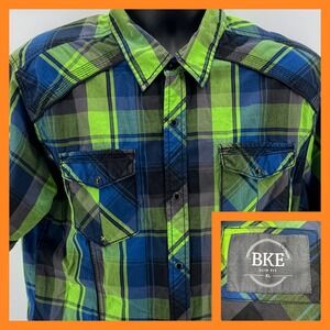 BKE Mens XL Slim Fit Plaid Short Sleeve Black snap Up Shirt Blue Green Black